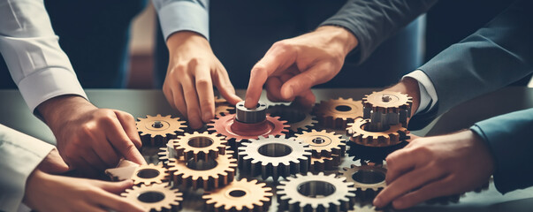 Men hands connecting cog wheels on the table indoors. Concept of the teamwork and cooperation in business. - obrazy, fototapety, plakaty