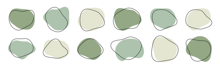 Organic amoeba blob shape abstract green color with line vector illustration isolated on transparent background. Set of irregular round blot form graphic element. Doodle drops with outline circle