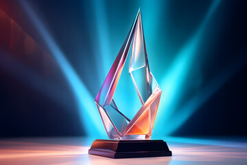 The winner's trophy cup with bright neon illumination on a dark background. Award trophy  - obrazy, fototapety, plakaty