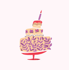 Vector illustration with cartoon pink decorative cake. A set of cartoon style elements for the design of greeting cards, children's parties, books, brochures. Scandinavian style