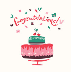 Vector illustration with green and pink cake and "congratulations" lettering. A set of cartoon style elements for the design of greeting cards, children's parties, books, brochures. Scandinavian style