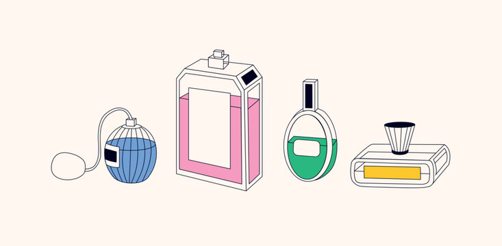 Vector set of graphic perfume bottles of different colors. Vector elements for the design of advertising brochures in the fashion and cosmetics industry. Scandinavian modern style illustration.