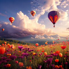 Hot air balloons rising above a field of wildflowers
