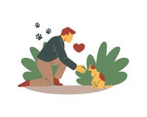 man petting a dog with a heart on the ground. Flat style vector illustration