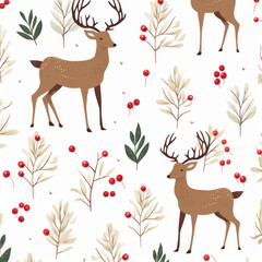 Cute deer, red berries, and pine cones on a seamless white background for Christmas .ai generative