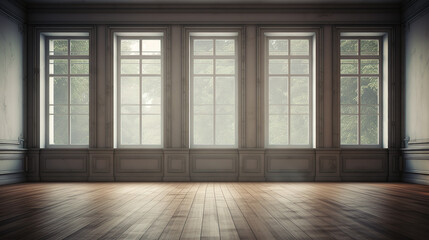 Fototapeta premium Empty old room with windows and wooden floor