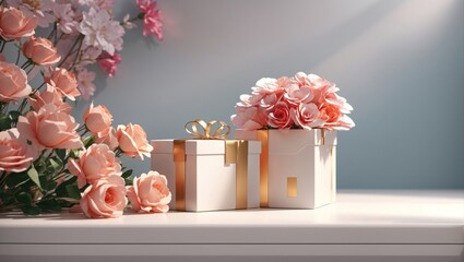 White Gift Box with Golden Ribbon and Flowers, for celebration, wedding, using generative ai