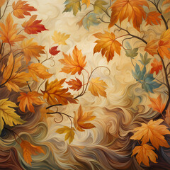 Leaves in various autumn hues swirling in a gentle breeze