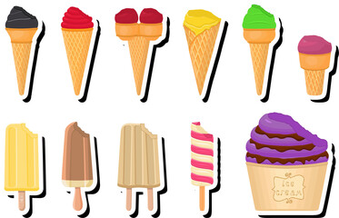 Illustration on theme big kit ice cream popsicle different types in cone waffle cup