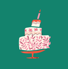 Vector illustration with cartoon pink decorative cake. A set of cartoon style elements for the design of greeting cards, children's parties.