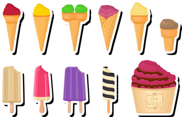 Illustration on theme big kit ice cream popsicle different types in cone waffle cup