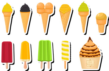 Illustration on theme big kit ice cream popsicle different types in cone waffle cup