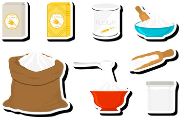 Illustration on theme big set different types dishware filled wheat flour