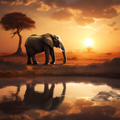 Lone elephant drinking from a watering hole at sunrise