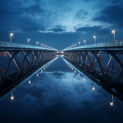 Modern bridge with its lights reflecting in the calm water below