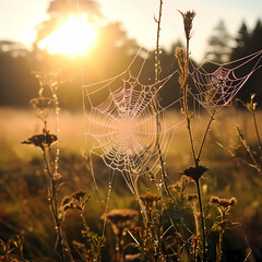 Morning sunlight illuminating dew-kissed spiderwebs in a meadow