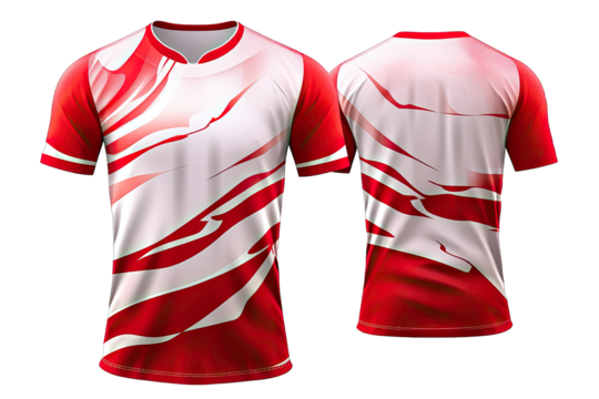 Front And Back View Of Red And White Luxury Football Jersey With Wave Pattern And Big Number on transparent background