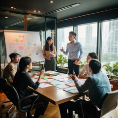 Dynamic Asian colleagues in a strategic meeting, discussing plans for a new business project and collaborating on a successful launch. ai generative