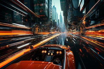 Fototapeta na wymiar futuristic car on a glossy road in a tunnel with transparent walls, transport of the future, city streets