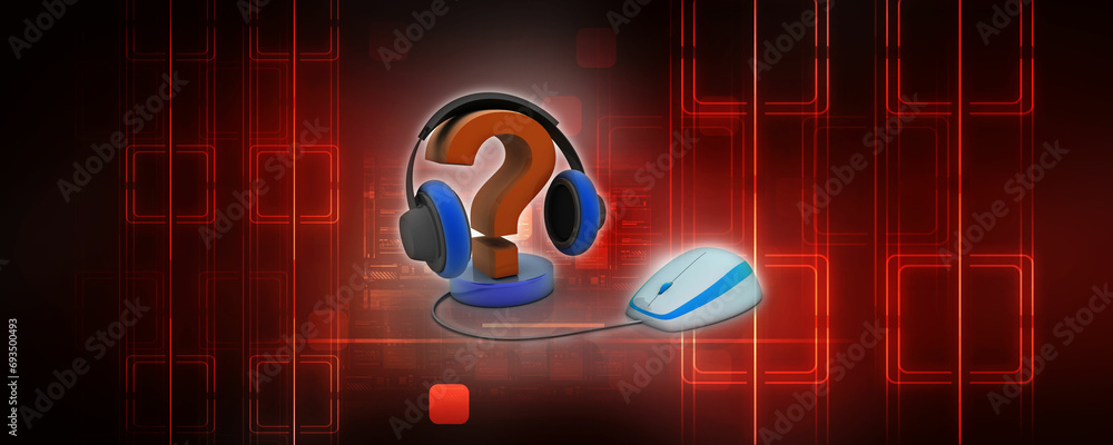Poster 3d rendering question mark with headphone connected mouse
