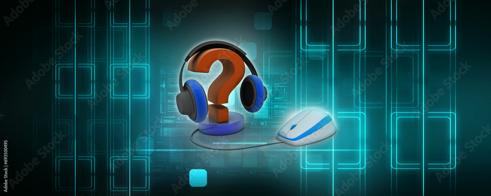 Poster 3d rendering question mark with headphone connected mouse