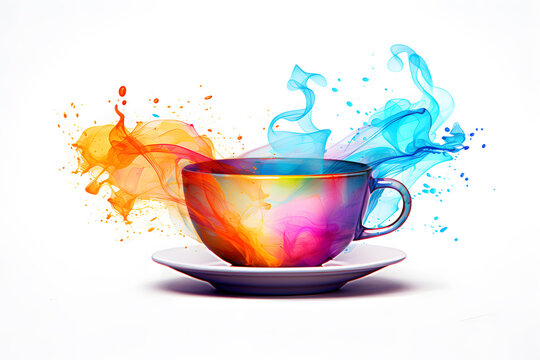 Illustration of a coffee cup, splash art, splashed neon colors, neon glowy