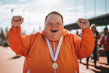 Active Athlete With Down Syndrome Competes. Сoncept Inspirational Sports Story, Inclusive Athletics, Overcoming Challenges, Down Syndrome Awareness, Achieving Dreams