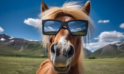 Happy horse wearing sunglass for a commercial advertisement image