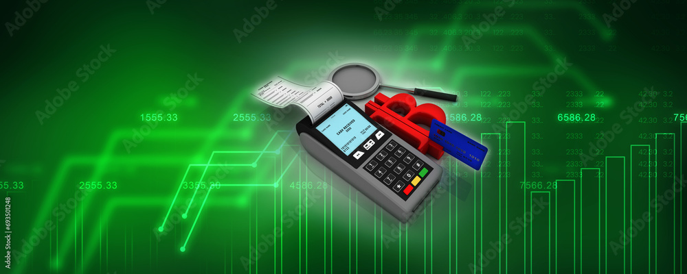 Poster 3d rendering debit card swiping bitcoin near swipe machine