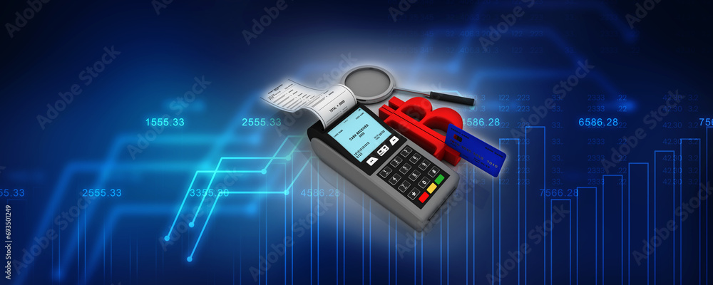 Poster 3d rendering debit card swiping bitcoin near swipe machine