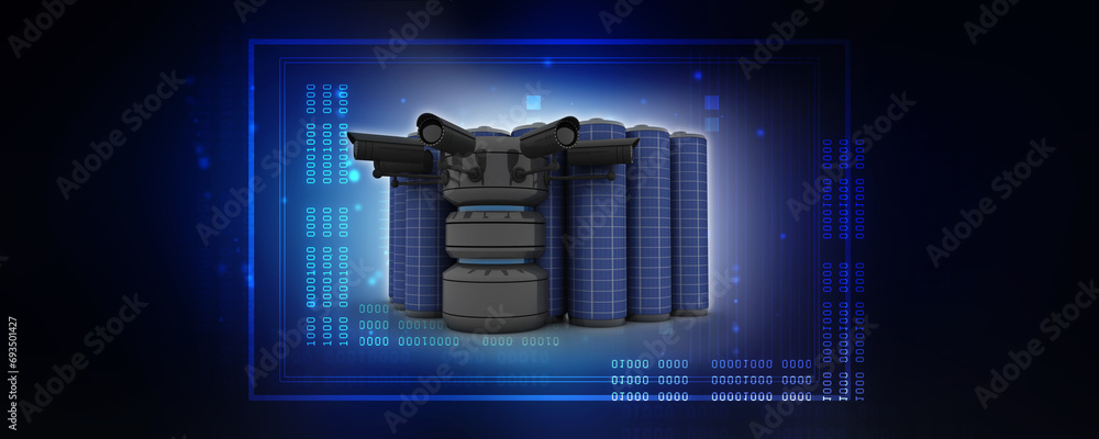 Poster 3d rendering surveillance cctv security camera connected database near battery