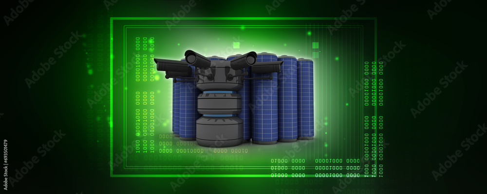Poster 3d rendering surveillance cctv security camera connected database near battery