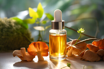 Kojic acid serum bottle among mushrooms. AI generated