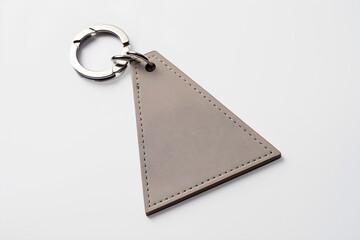 Mockup of a leather keychain of a geometric shape on a white table. AI generated