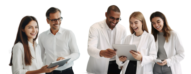 A group of people business partners are working on a project using a tablet, positive employees in the company are men and women, transparent background.