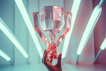 Winner's glass award trophy cup in hand with bright illumination - obrazy, fototapety, plakaty