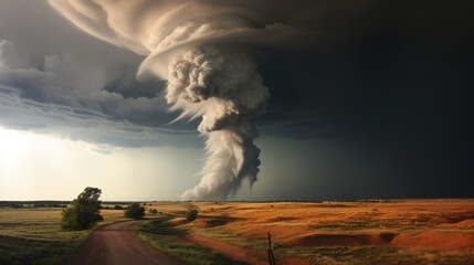 Huge powerful Tornado. Windstorm landscape destruction. Dramatic Atmospheric disturbance - obrazy, fototapety, plakaty