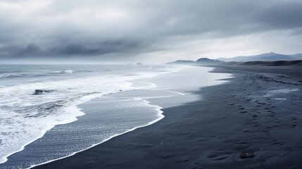 Black volcanic sandy beach in rainy weather