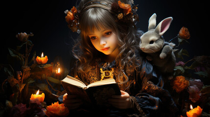 Girl and rabbit are reading a book, Alice in Wonderland theme