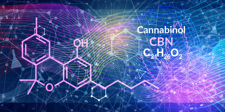 Cannabinol or CBN molecular structural chemical formula. Futuristic science backdrop. Pharmacology concept
