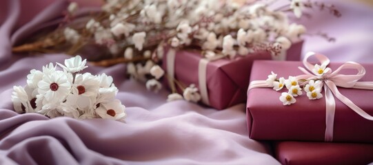 Valentine's day concept. Bouquet of flowers and gift boxes