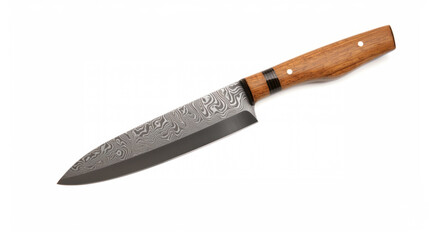 Knife with multi-layered damascus blade on white background © Kondor83