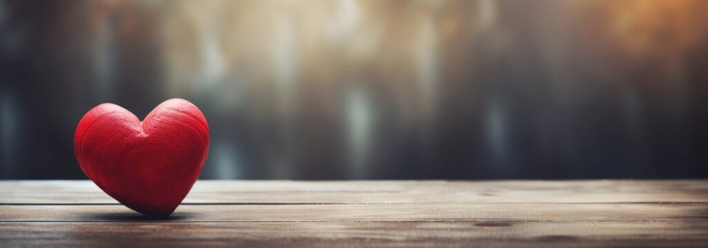 Valentine's day background. Red heart on wooden table.