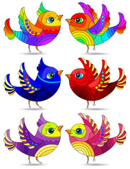 An illustration in the style of a stained glass window with bright cute birds, animals isolated on a white background