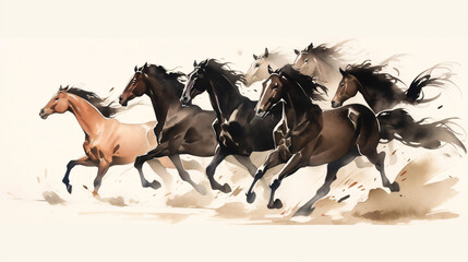Ink painting illustration of galloping horses - obrazy, fototapety, plakaty