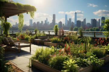 Fototapeta premium A lush rooftop garden providing a tranquil space for urban dwellers to connect with nature and practice mindful gardening. Concept of urban green living. Generative Ai.