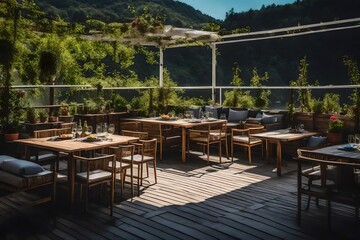 dining zone on terrace near river. 