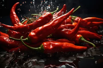 Plexiglas keuken achterwand Hete pepers A cluster of fiery red chili peppers, adding a touch of spice and intensity to culinary creations. Concept of culinary heat infusion. Generative Ai.