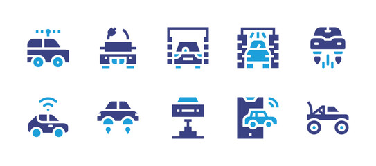Car icon set. Duotone color. Vector illustration. Containing car, smart car, car wash, car repair, flying car, autonomous car, car toy.
