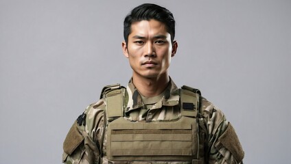 Asian male military soldier with a focused expression, wearing camouflage gear, against a simple grey background. - obrazy, fototapety, plakaty